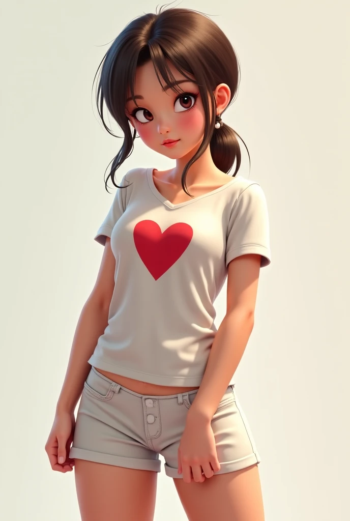  A age girl wearing a t-shirt with a heart, white shorts, skin-colored hair fastened holding her hair in a provocative pose and with a flirty smile.