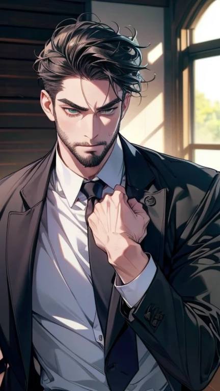 (   ,4K,8k,   highres,  masterpiece:1.2),  ultra-detailed,(Realistic,photoRealistic,photo-Realistic:1.37),36-year-old man,3 day beard,cute anime ,Portraits,strong,masculine,   dark hair,sharp jaw, mesmerizing grey-green eyes ,   perfectly combed hair,   co...