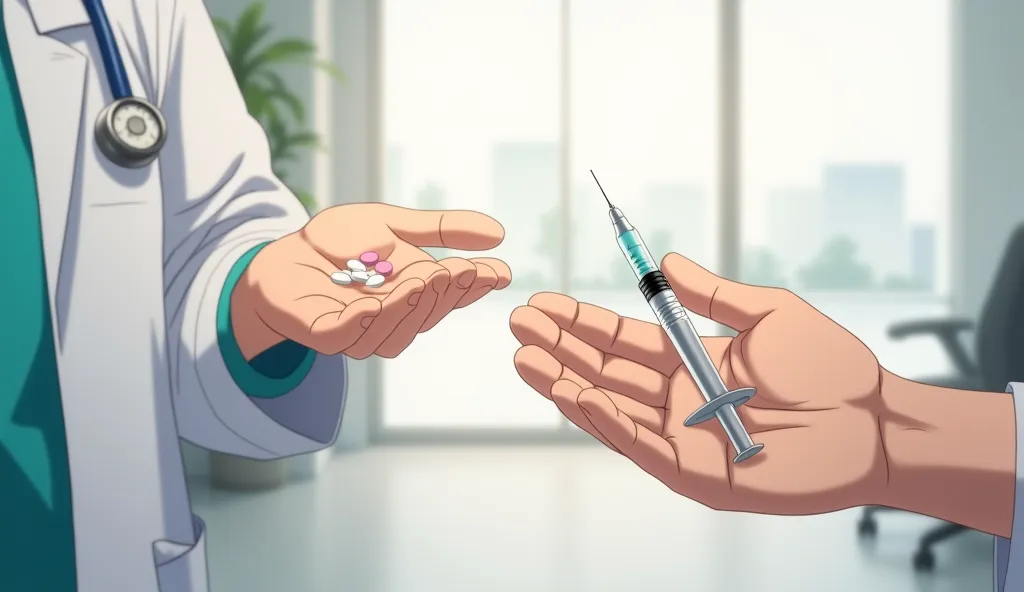 An animated scene depicting a hand holding a pill in a flat palm and another hand holding a syringe in a flat palm. The atmosphere should be bright, the background is a medical office. anime style image