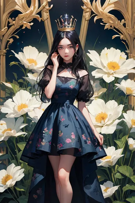 (  masterpiece,    High quality vaccines  ), 1 ,   Alone, (queen:1.15),    black hair ,      long hair,  cortina , blue floral dress, queen&#39;s Dress   ,   Aurora, (sunlight, null, Rio,    forest),    inexpressive,    red eyes, (   art nouveau   :1.2),  ...