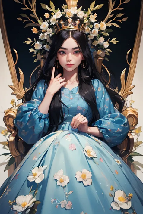 (  masterpiece,    High quality vaccines  ), 1 ,   Alone, (queen:1.15),    black hair ,      long hair,  cortina , blue floral dress, queen&#39;s Dress   ,   Aurora, (sunlight, null, Rio,    forest),    inexpressive,    red eyes, (   art nouveau   :1.2),  ...