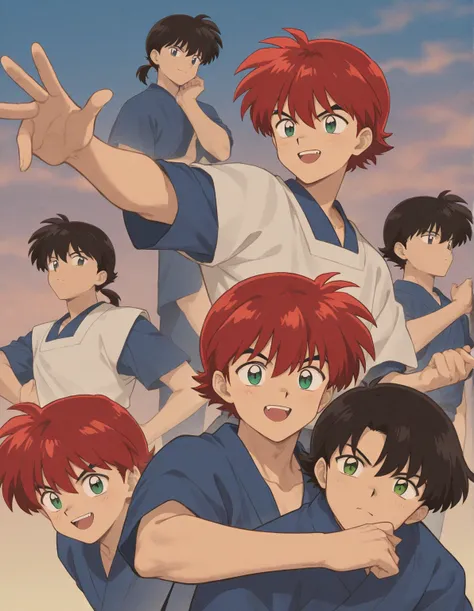 Just one little 11 boy  that is a sixth grade primary school student. He has short red hair and green eyes wearing a blue uniform. He is daring. Handsome. ish. Inuyasha anime character art style. High quality. 