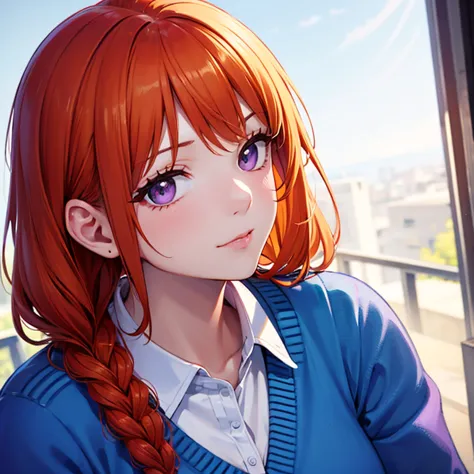 ( Best Details ), Bust shot, portrait, Redhead woman with orange hair braided on one side, blue cardigan, white sweater, Mature and beautiful , purple eyes, No accessories