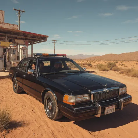 A black Ford Crown Victoria sedan with four men inside is parked at a gas station on a desert highway 