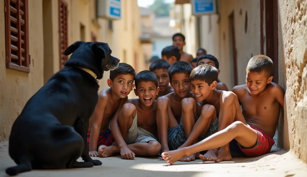 Image is a candid street photograph capturing a group of young boys in a narrow alleyway. The scene is vibrant and dynamic, with a focus on a large black  dog in the foreground, energetically interacting with the group. The boys, of varying ages, display a...