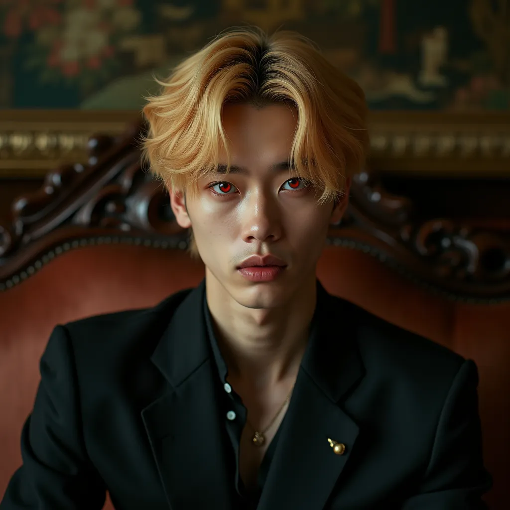  Male, blonde hair ,red eyes,,Hand-painted,Korean style images,8k,Fine hair,Look at the camera, Half-shot,Sitting on a sofa in one of the rooms.,Crazy smile,