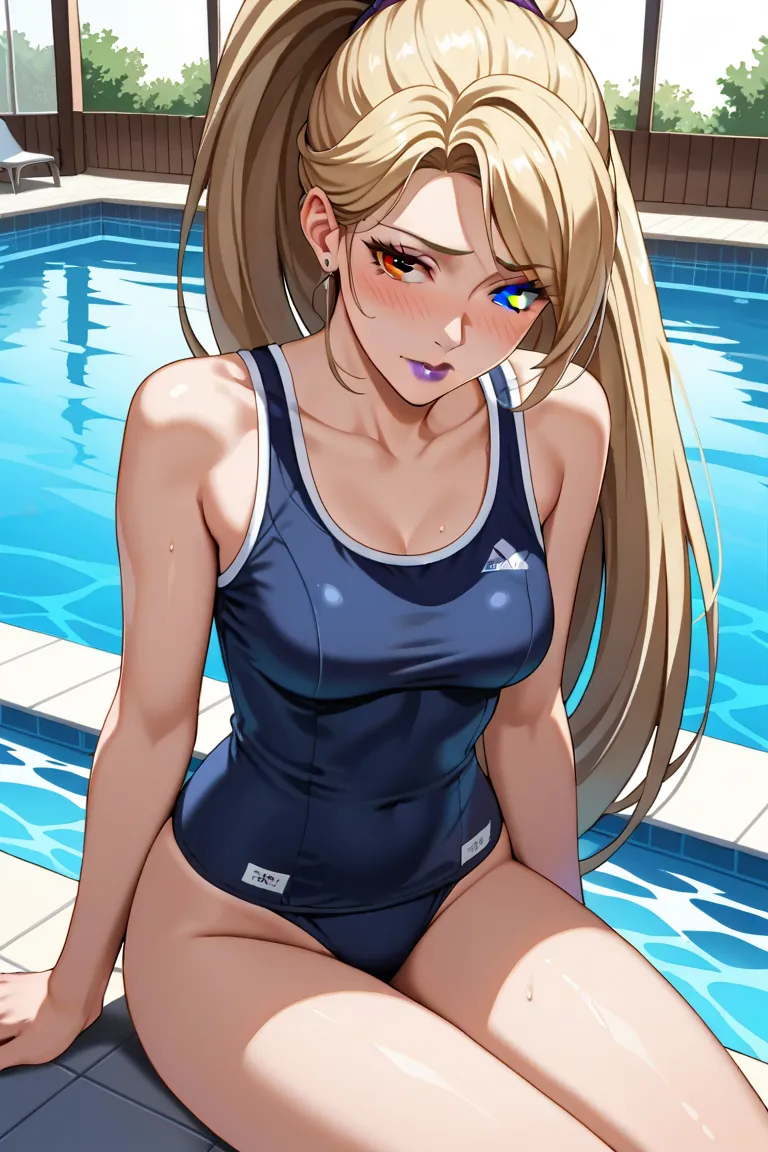 masterpiece,Highest quality,hirudasama,(((40 years old))),(( aunt)), anime,2020s,heterochromia, redeyes,blackeyes,Purple lips,blonde hair,school swimsuit, very long ponytail,embarrassed,blush,shy,poolside