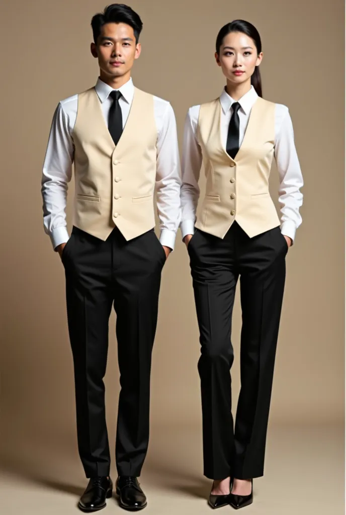 Host Restaurant Staff Uniform and White Shirt Box, cream vest and black pants y corbata negra,Black shoes y para la mujer será camisa blanca, cream vest and black pants, Black shoes