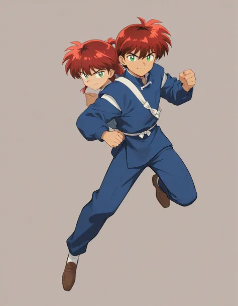 Just one little 11 boy  that is a sixth grade primary school student. He has short red hair and green eyes wearing a blue uniform. He is daring. Handsome. ish. Inuyasha anime character art style. High quality. 