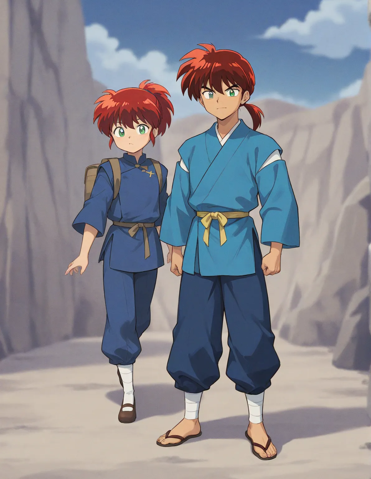 Just one little 11 boy  that is a sixth grade primary school student. He has short red hair and green eyes wearing a blue uniform. He is daring. Handsome. ish. Inuyasha anime character art style. High quality. 