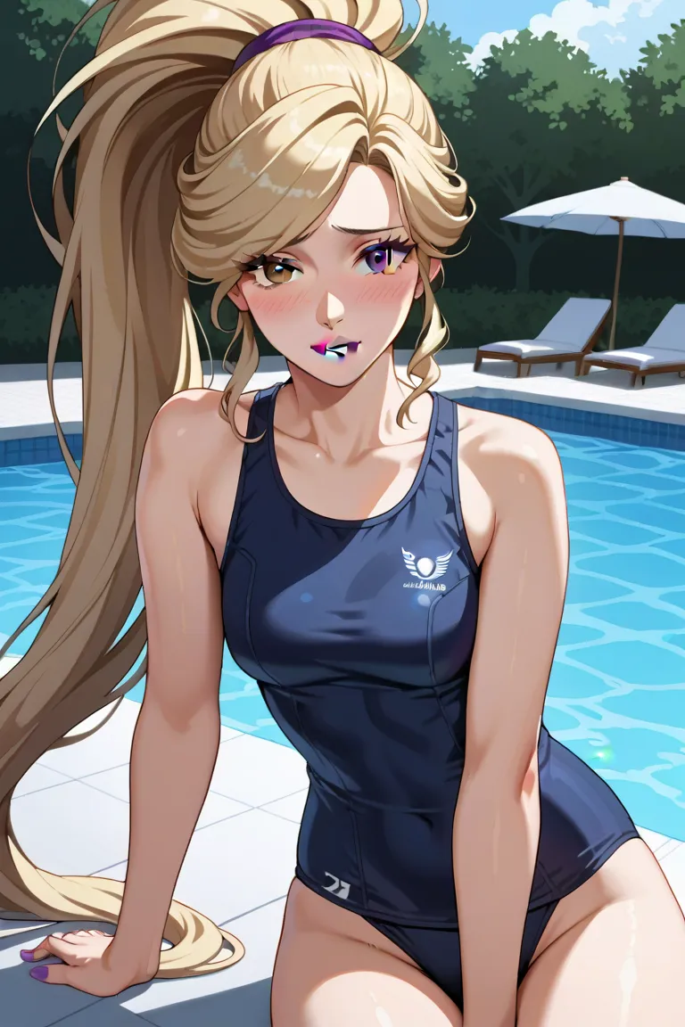 masterpiece,Highest quality,hirudasama,(((40 years old))),(( aunt)), anime,2020s,heterochromia, redeyes,blackeyes,((Purple lips)),blonde hair,school swimsuit, very long ponytail,embarrassed,blush,shy,poolside