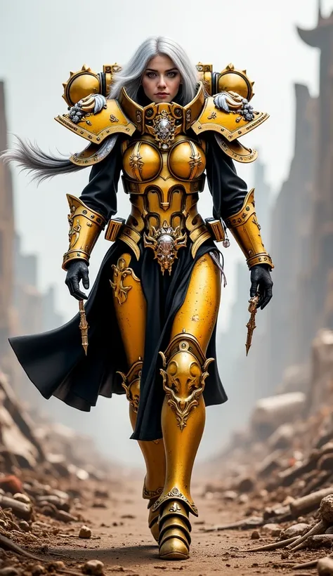 Warhammer 40k Sister of Silence walking solo on a battle from w40k lore in yellow/gold plate armor. (The character has long two toned black and white hair).