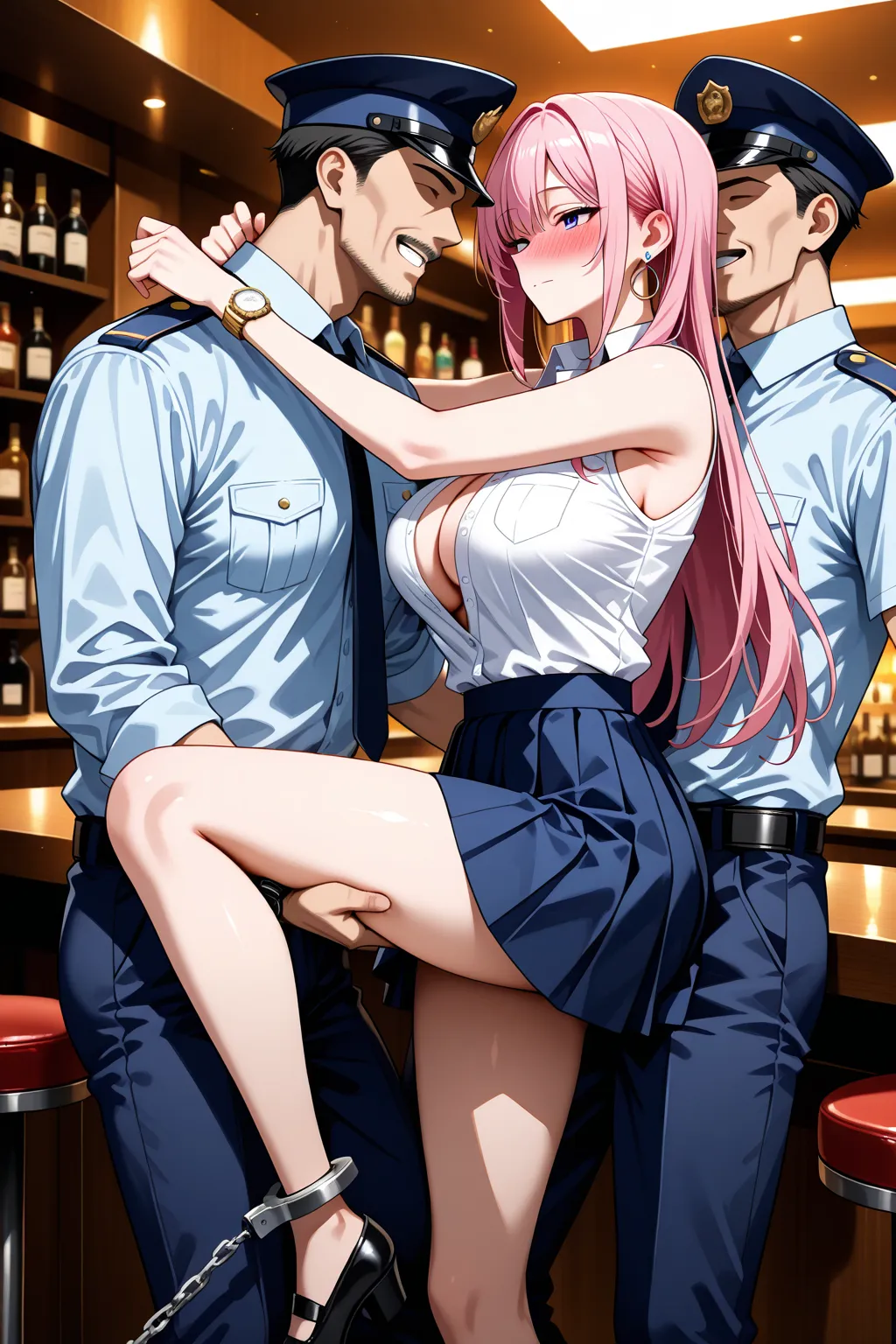 (anime, best quality, masterpiece),(threesome, one school girl) (two police uncle) ,hot figure cute girl (pink short hairs, ear ring and wrist watch) in a sleeveless (school uniform) girl in white (unbuttoned school shirt), ((girl handcuffed)), mini skirt,...