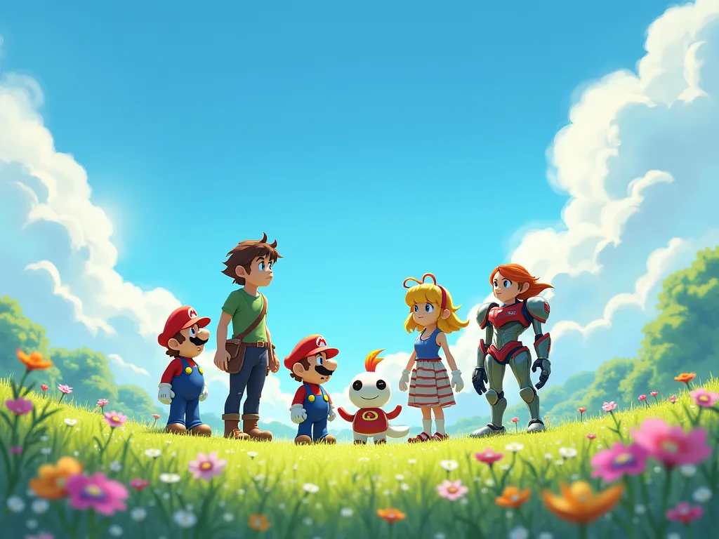 You can see a meadow with different characters from video games like Super Mario, AstroBot , Solaire , Samus Aran, among others looking at the practically cloudless blue sky