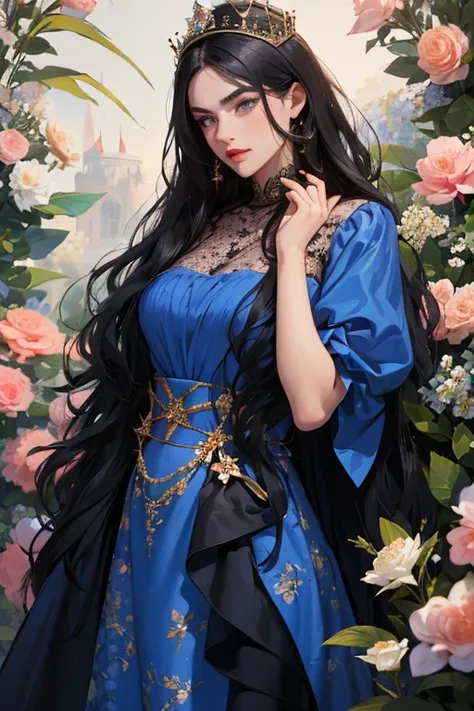 (  masterpiece,    High quality vaccines  ), 1 ,   Alone, (queen:1.15),    black hair ,      long hair,  cortina , blue floral dress, queen&#39;s Dress   ,   Aurora, (sunlight, null, Rio,    forest),    inexpressive,    red eyes, (   art nouveau   :1.2),  ...