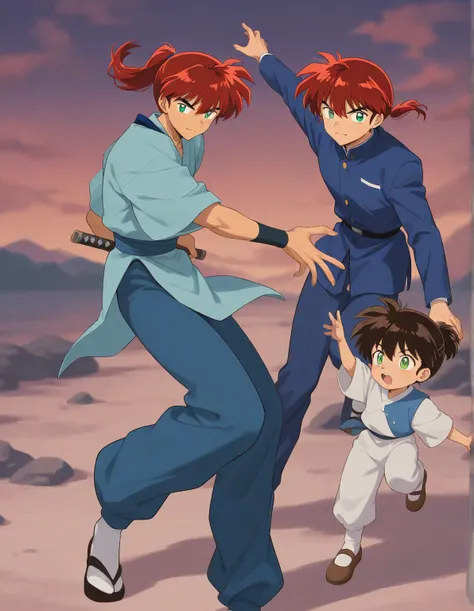 Just one little 11 boy  that is a sixth grade primary school student. He has short red hair and green eyes wearing a blue uniform. He is daring. Handsome. ish. Inuyasha anime character art style. High quality. 