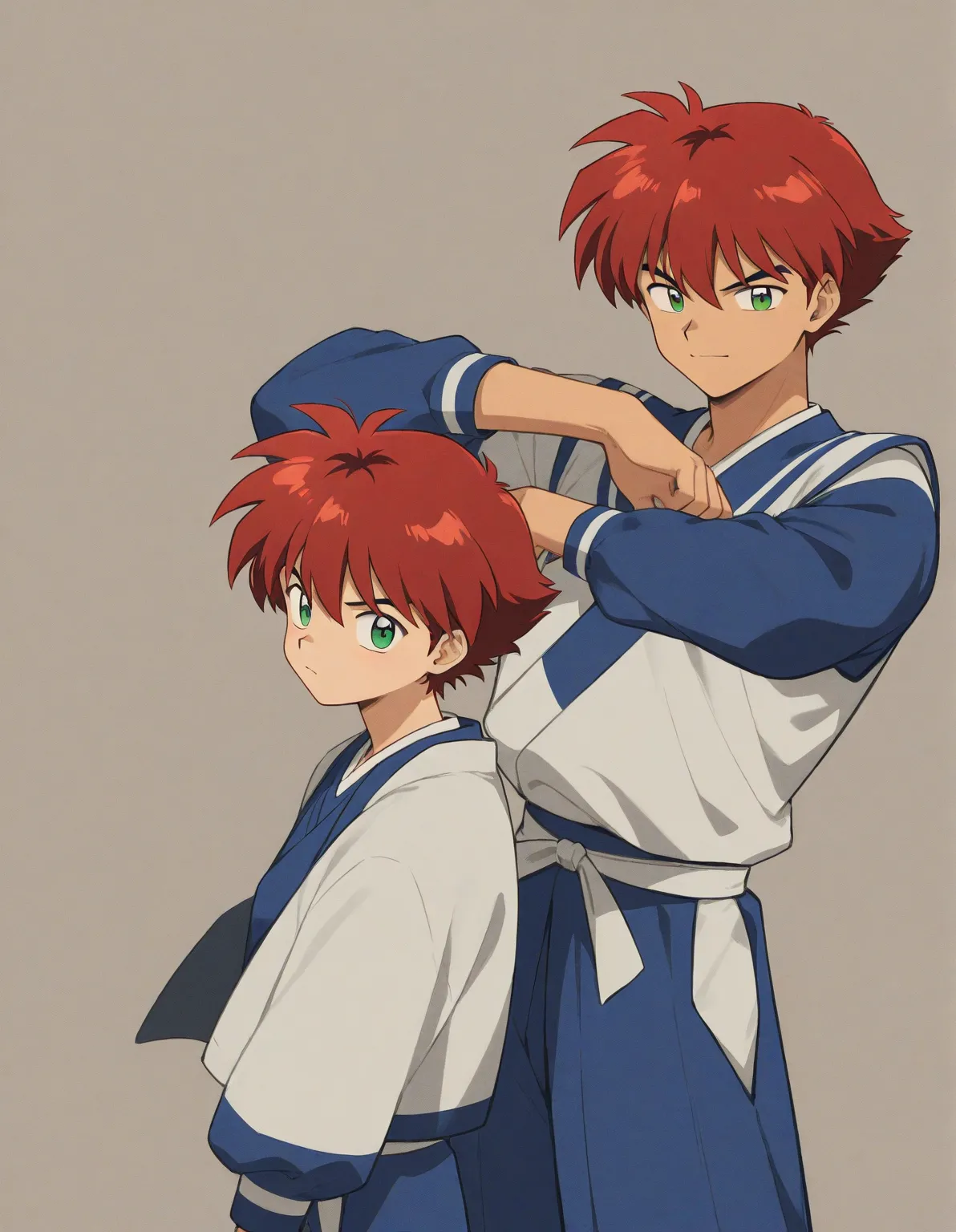 Just one little 11 boy  that is a sixth grade primary school student. He has short red hair and green eyes wearing a blue uniform. He is daring. Handsome. ish. Inuyasha anime character art style. High quality. 