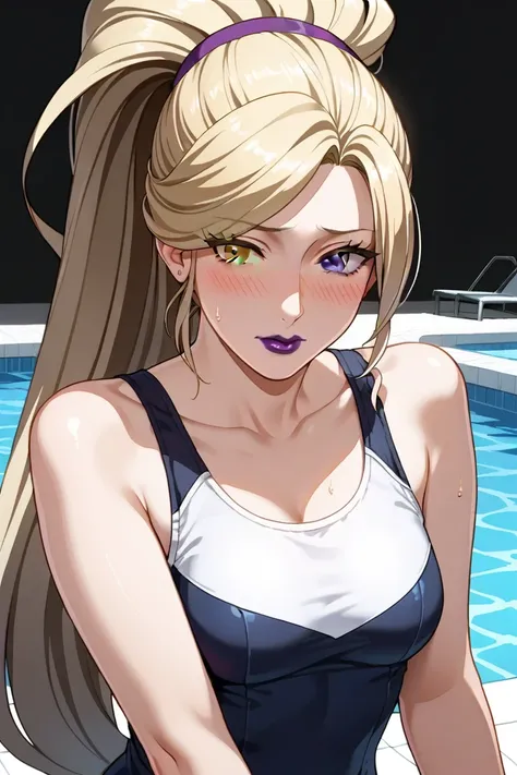 masterpiece,Highest quality,hirudasama,(((40 years old))),(( aunt)), anime,2020s,heterochromia, redeyes,blackeyes,((Purple lips)),blonde hair,school swimsuit, very long ponytail,embarrassed,blush,shy,poolside