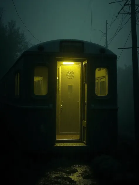 I'm looking outside at an open subway car. Yellow flickers inside, dim light. damp, wet , scary. 