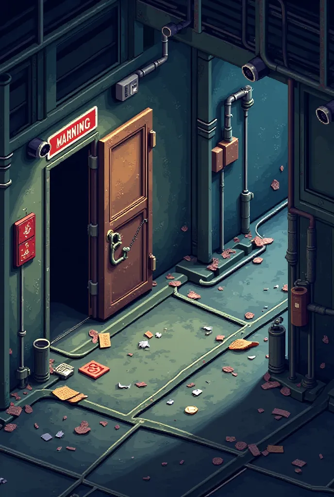 "Create an isometric pixel art scene of a bunker corridor with a dark, abandoned feel. The floor consists of repeating metal tiles with cracks, dirt, and subtle variations for depth. Scattered pixelated documents are thrown across the floor, enhancing the ...