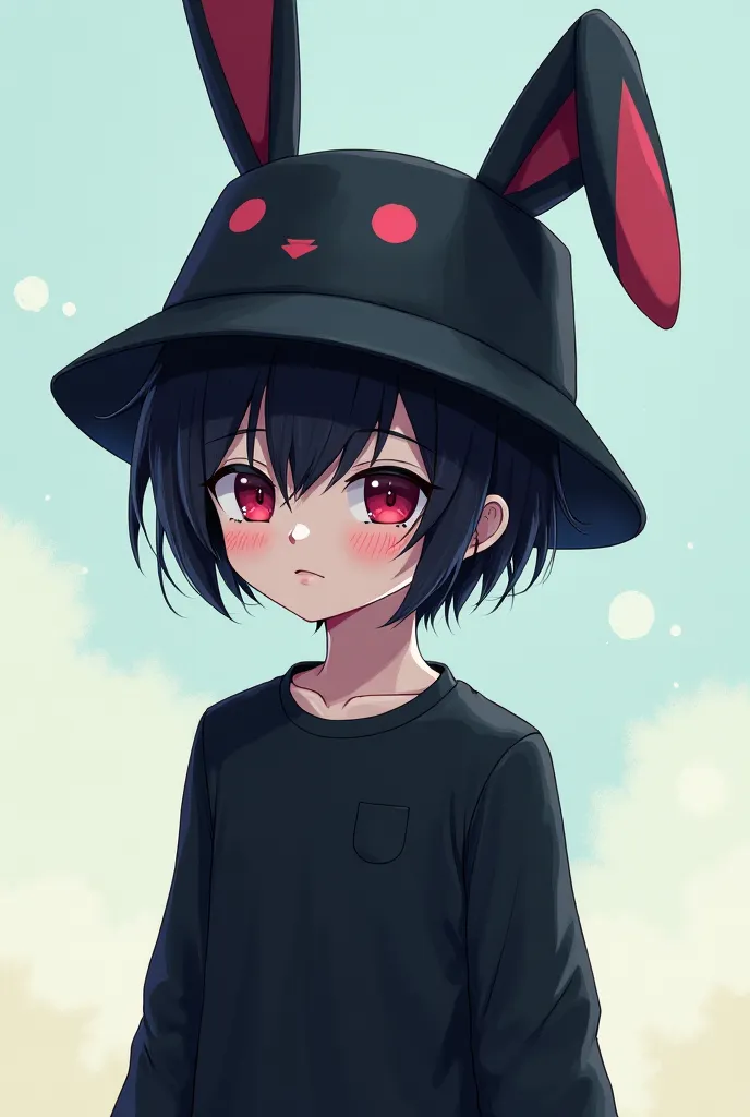 es anime,has black hair, a hat with 2 raised rabbit ears,He wears a black shirt,