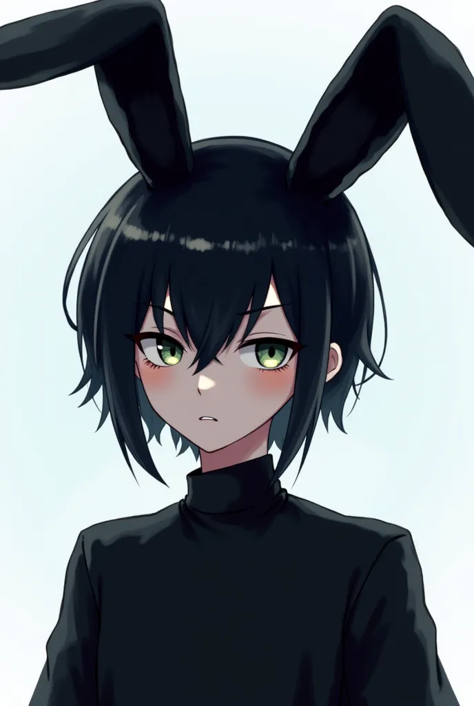 es anime,has black hair, a hat with 2 raised rabbit ears,He wears a black shirt,