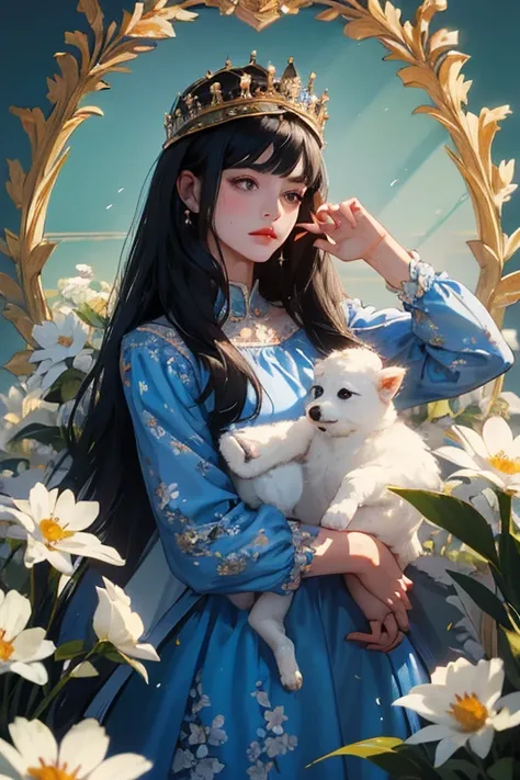 (  masterpiece,    High quality vaccines  ), 1 ,   Alone, (queen:1.15),    black hair ,      long hair,  cortina , blue floral dress, queen&#39;s Dress   ,   Aurora, (sunlight, null, Rio,    forest),    inexpressive,    red eyes, (   art nouveau   :1.2),  ...