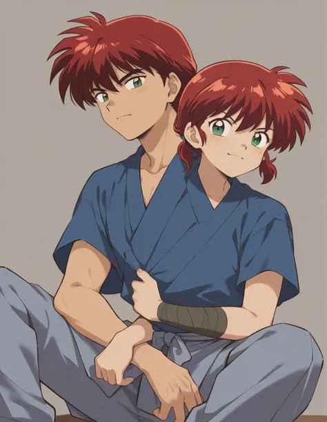 Just one little 11 boy  that is a sixth grade primary school student. He has short red hair and green eyes wearing a blue uniform. He is daring. Handsome. ish. Inuyasha anime character art style. High quality. 