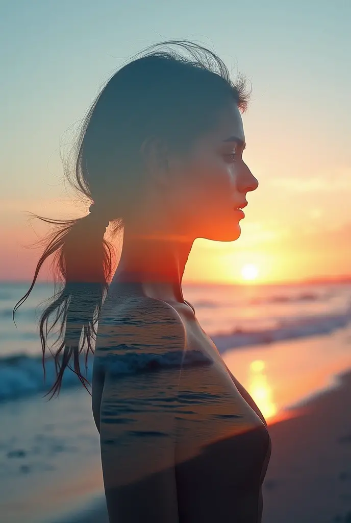 high quality, 8K Ultra HD, A beautiful double exposure that combines an goddess silhouette with sunset coast, sunset coast should serve as the underlying backdrop, with its details incorporated into the goddess , crisp lines, The background is monochrome, ...