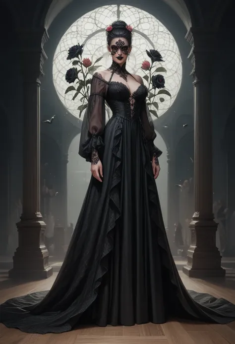 Flower hybrid, Black Dracula orchid, (Detailed eyes:1.3), (detailed face:1.3), (character focus:1.5), long dress, full body, black orchid background, shadow moonlight, ((portrait))