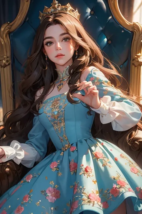 (  masterpiece,    High quality vaccines  ), 1 ,   Alone, (queen:1.15),    Chocolate-brown hair ,      long hair,  cortina , blue floral dress, queen&#39;s Dress   ,   Aurora, (sunlight, null, Rio,    forest),    inexpressive,    red eyes, (   art nouveau ...