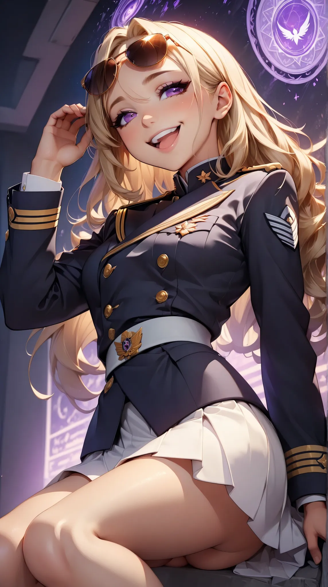    young beautiful woman ,( best quality,very detailed presentation, INCREDIBLE HIGH RESOLUTION , anatomically correct presentation ,high-quality anime drawings),(Admiralin),( blue and white military uniform ,Admiral&#39;She is wearing a uniform, wears sun...