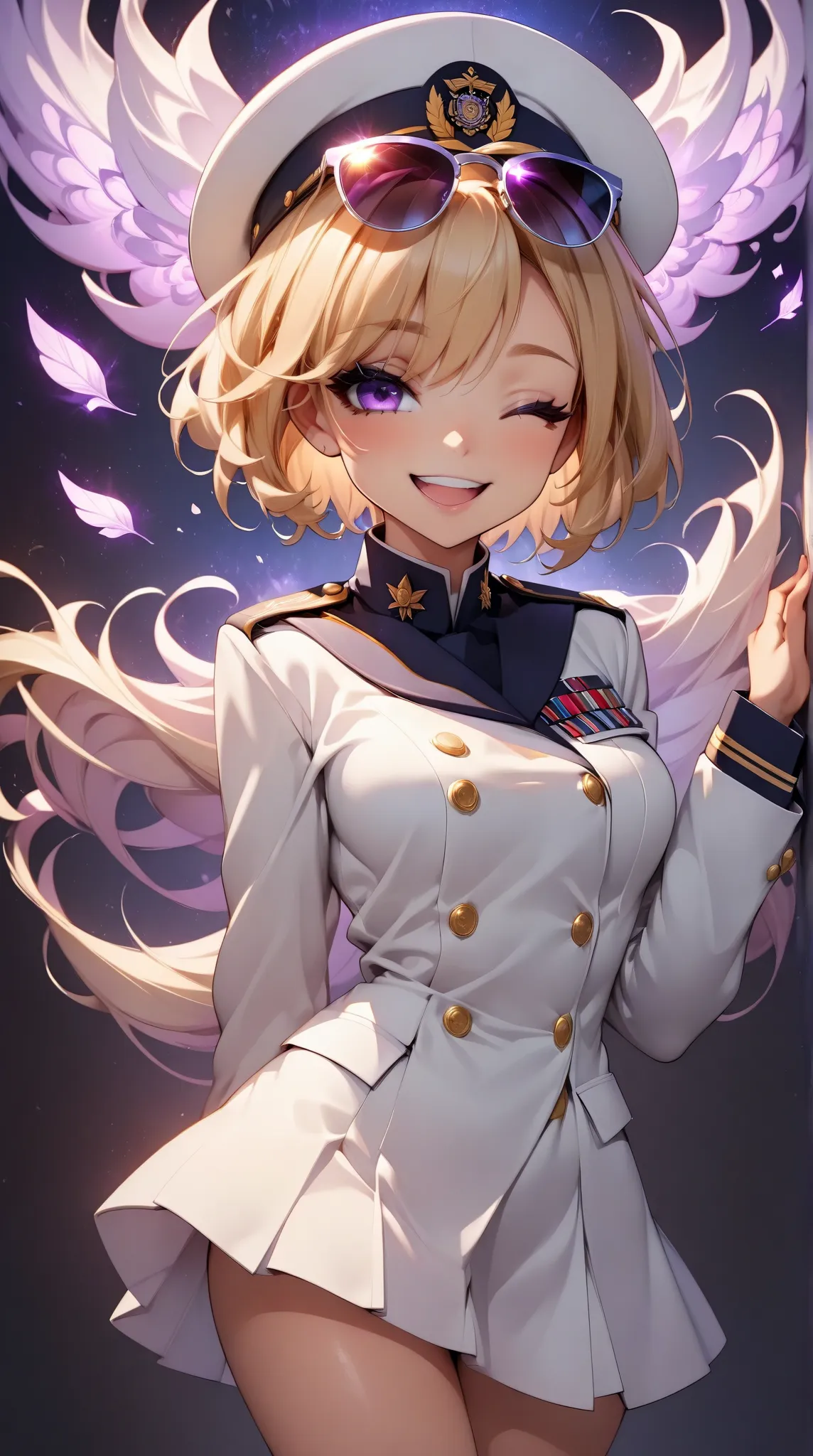    young beautiful woman ,( best quality,very detailed presentation, INCREDIBLE HIGH RESOLUTION , anatomically correct presentation ,high-quality anime drawings),(Admiralin),( blue and white military uniform ,Admiral&#39;She is wearing a uniform, wears sun...