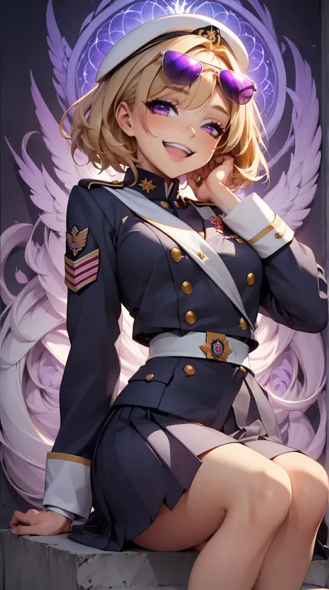    young beautiful woman ,( best quality,very detailed presentation, INCREDIBLE HIGH RESOLUTION , anatomically correct presentation ,high-quality anime drawings),(Admiralin),( blue and white military uniform ,Admiral&#39;She is wearing a uniform, wears sun...