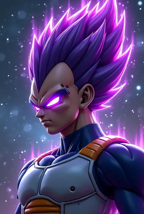 Black and star-filled intergalactic background, vegeta, Cyber face, shiny and purple hair, Eyes with large purple flames, a picture from head to bust