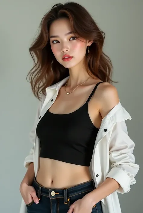 A girl in a white shirt open underneath a black cropped tank top 