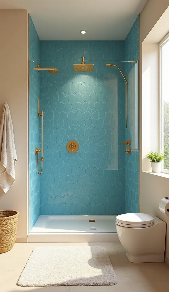 a bathroom, a walk in shower, shower space photograph, ultrarealsitc photograph, shower space and bathroom in cream color, cream colored walls and floor, matss on floor, bright blue hexagonal tiles in the shower walls, beautiful contrast between blue and c...