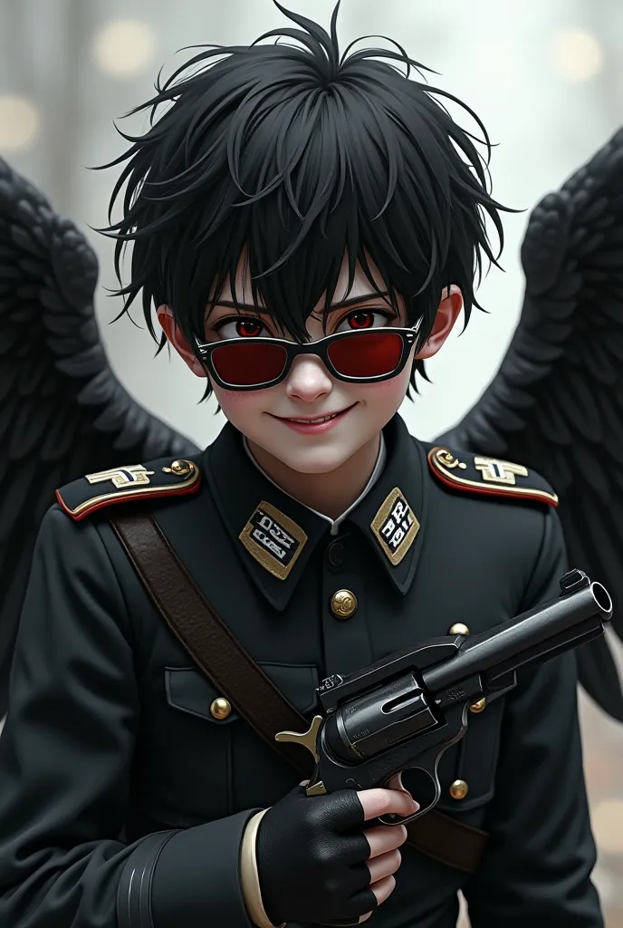 Man black short hair in a chaotic mess on his face crazy smile, pale face, the eyes hide red, opaque glasses. he has big black wings on the back, wearing a German uniform , He holds a revolver in his hand.  