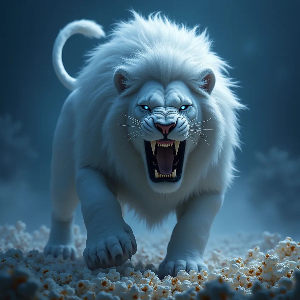  White lion roar blue eyes,aggressive attack, attaque packet popcorn entre les pattes , night ,long mane 
