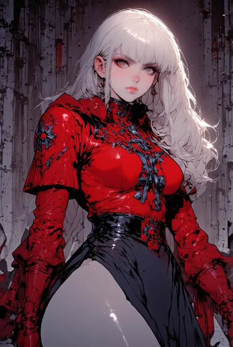 [Shalltear] young vampire, white pale skin, red lips, dark and  red eyeshadow, sensual face, elegant pose, full body picture, red paladin armor, short black skirt, fondo simple, contraluz, perspectiva, desde arriba.