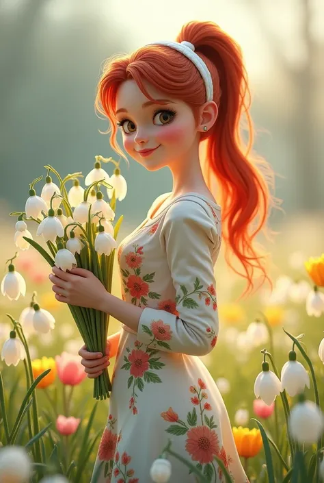 Create me a picture in 3D and photorealistic. Create me a woman with red hair.The hair is long and .she is wearing a ponytail, She has a white headband.The woman is wearing a floral dress,That dress is knee-length.She is standing in a meadow with tulips, d...