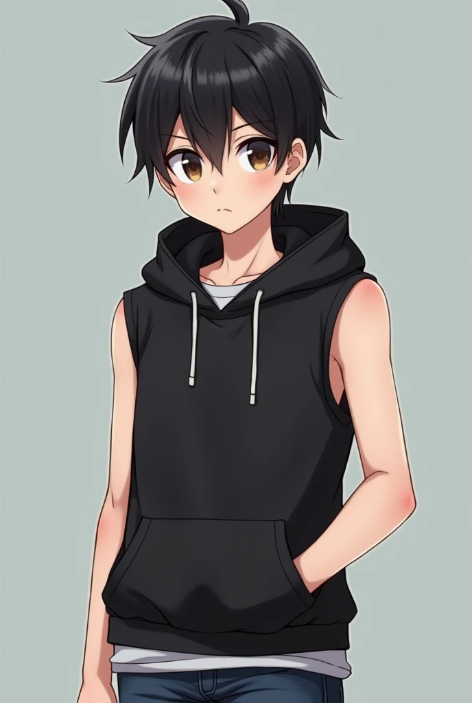  Physical Features :  age boy with short black hair , clear and attractive skin, arms in outside 

Clothing :  Wear a black Sleeveless Hoodie, white undershirt ,  and jeans

Expression and personality : Serious but curious , with a deep look. 
Real animate...