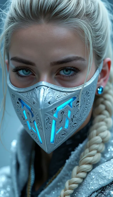 Here is a detailed prompt to generate an image ** super realistic** da Amber Heard como **Frost**, in a style **viking**, focused **only on the face**, with a very detailed and shiny white metallic mask, and an impactful background:
---
**"Close-up ...
