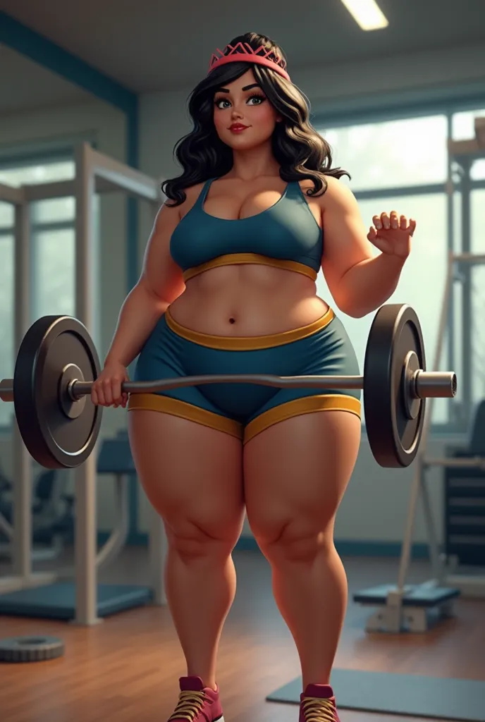 Fat body snow white disney  lifting weights in gym 