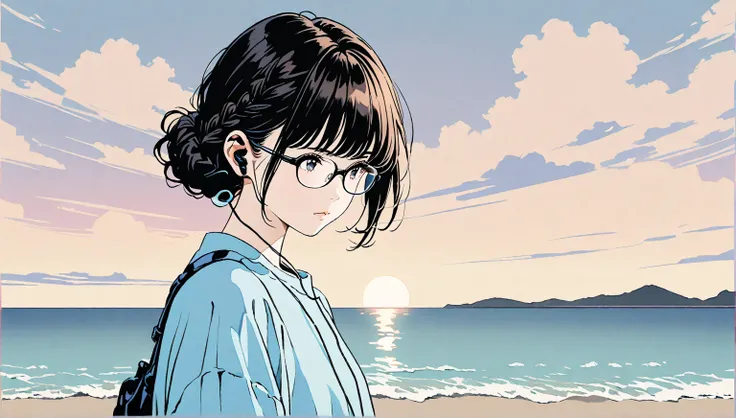 ((cloud))、((alone)),((Seaside in the evening)),wind、((Transparency)),((Earphones)), expressionless,((black hair braid long hairstyle)),(((black rimmed glasses))),masterpiece, Highest quality, Beautiful attention to detail, Very detailed, In detail, High re...