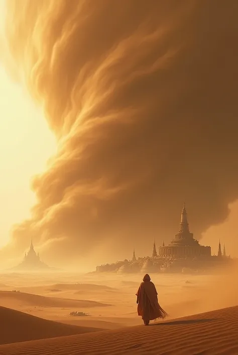 A city in the middle of the desert and a sandstorm is approaching in the form of a wave