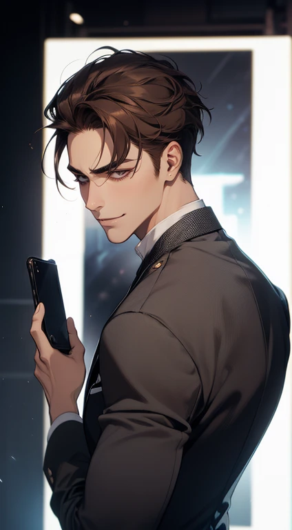 masterpiece, best quality, Realistic, 1 man, macho maduro,  blue suit, 2,  Close your eyes ,  take a serious look, face, (( Dark Gray Eyes )), (( Short dark brown hair and combed to the right)), [thick eyebrows], detective, simple bottom, cinematic lightin...