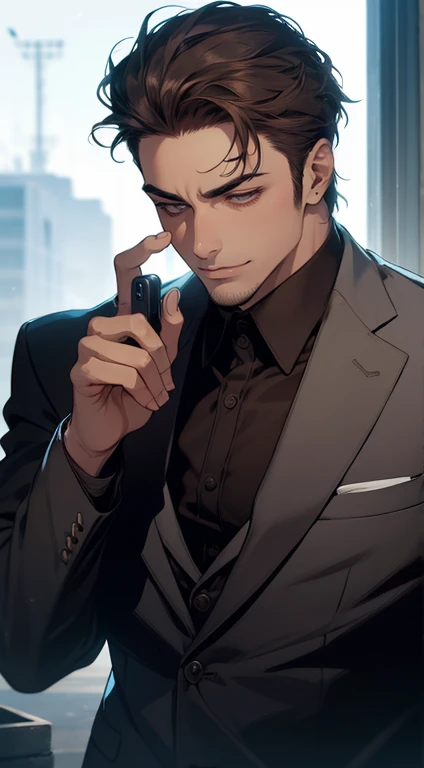 masterpiece, best quality, Realistic, 1 man, macho maduro,  blue suit, 2,  Close your eyes ,  take a serious look, face, (( Dark Gray Eyes )), (( Short dark brown hair and combed to the right)), [thick eyebrows], detective, simple bottom, cinematic lightin...