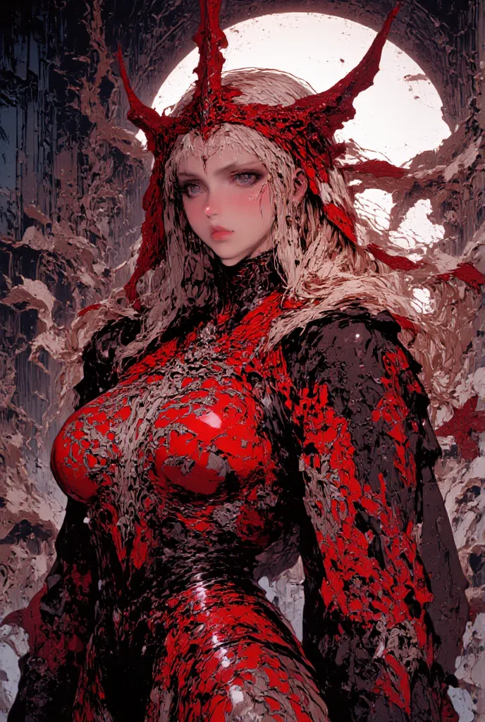 [Shalltear] young vampire, white pale skin, red lips, dark and  red eyeshadow, sensual face, elegant pose, full body picture, red paladin armor, short black skirt, fondo simple, contraluz, perspectiva, desde arriba.