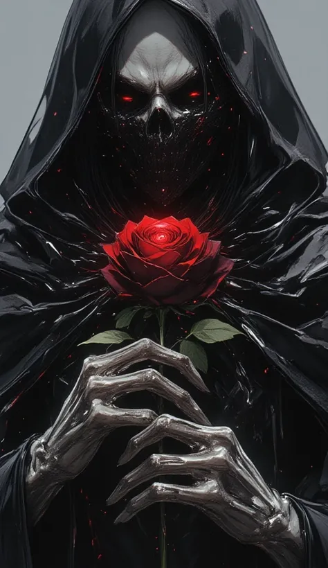 (masterpiece), Grim Reaper with a black tunic covering her face, is looking down at a red rose that holds in his skull-like hand, cowboy shot,  (best quality:1.4), (ultra highres:1.2), (hyperrealistic:1.4), (photorealistic:1.2), dark colours, dinamic pose,...